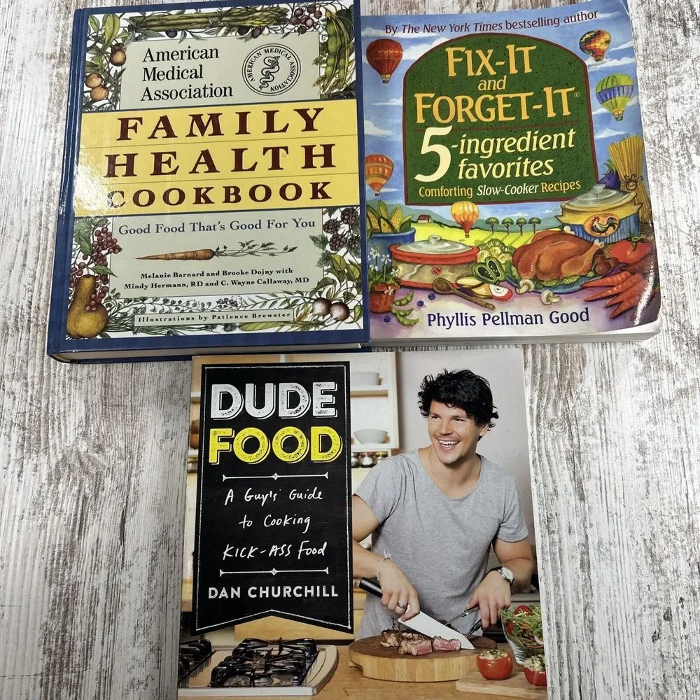 Lot Of 3 Cookbooks-Family Health Cookbook, Fix It And‎ Forget It, Dude Food